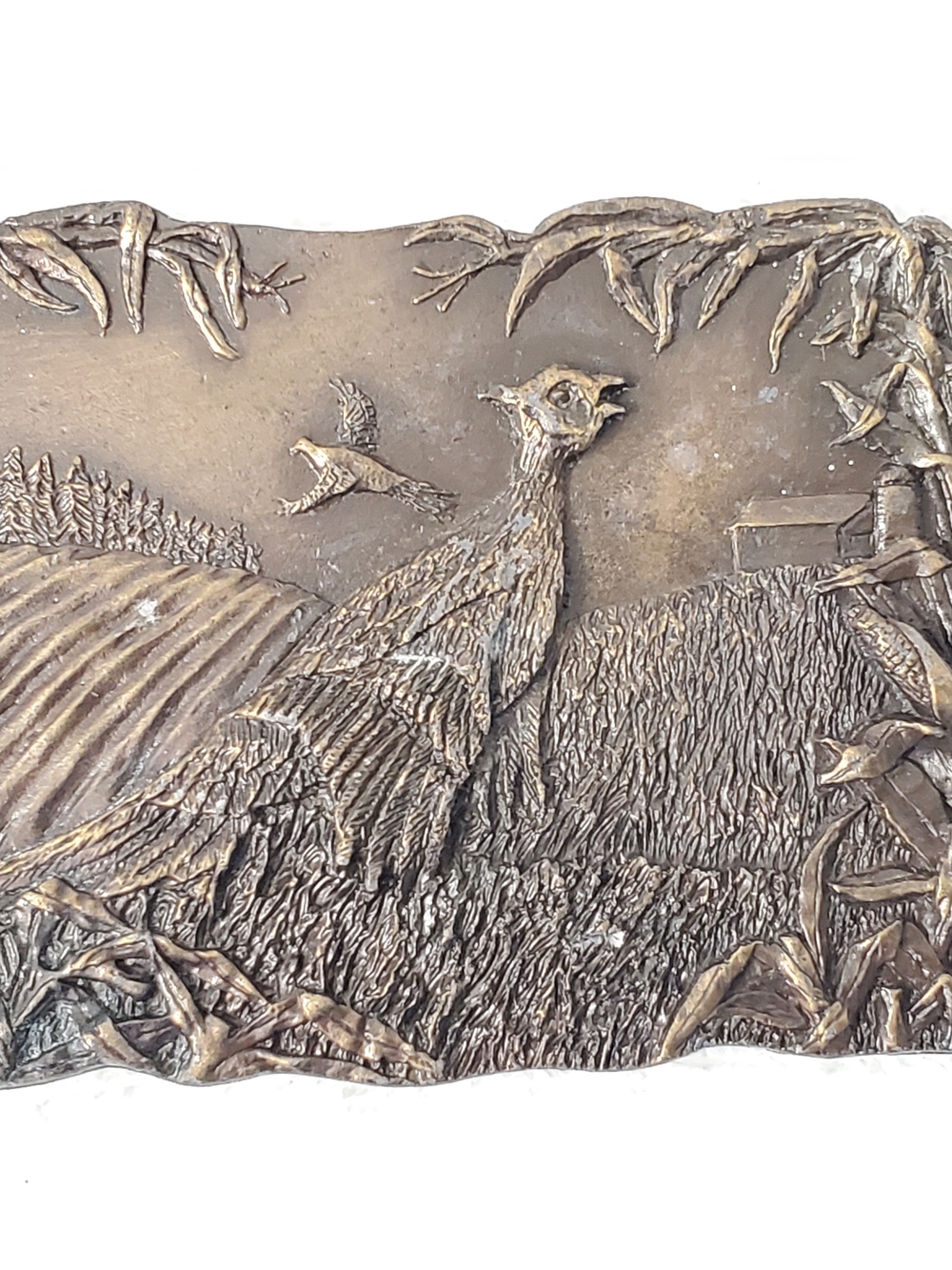 Vintage 1977 Bergamot Brass Works Belt Buckle Wildlife Hunting Cornfield USA